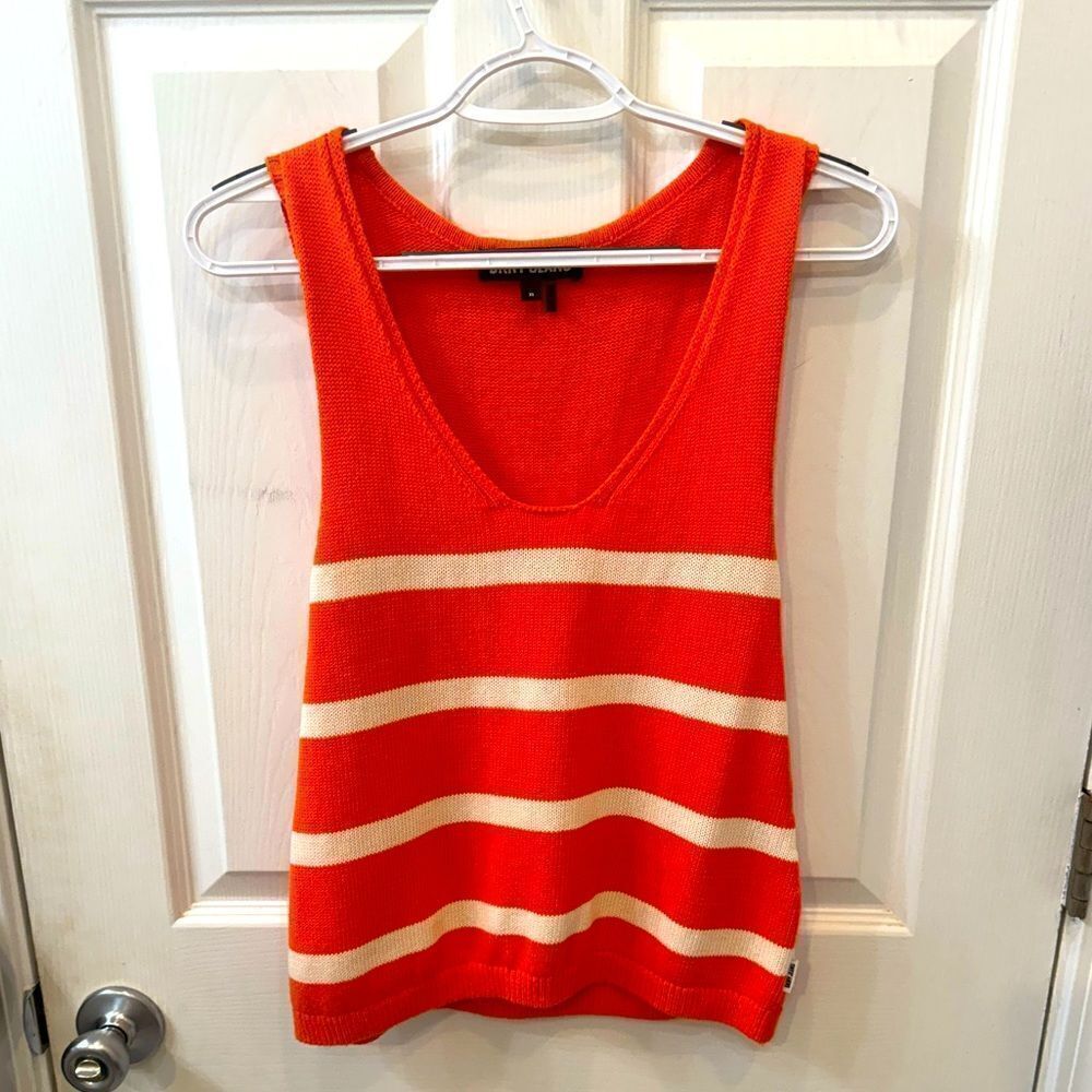 DKNY Y2K 100% cotton oversized Orange with white striped sweater tank top- XS - Picture 4 of 11